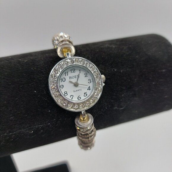 BOER Fancy silver tone Rhinestone encruset bracelet estate quartz timepiece - Picture 2 of 7